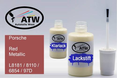 Porsche, Red Metallic, L8181 / 8110 / 6854 / 97D: 20ml Lackstift + 20ml Klarlack - Set, von ATW Autoteile West.